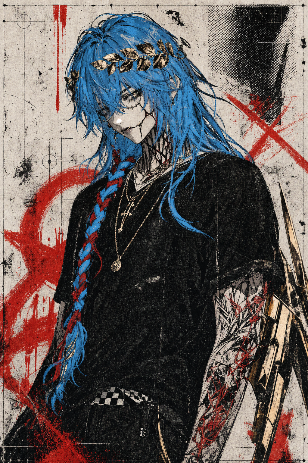 Fenic smoking in a distressed print portrait